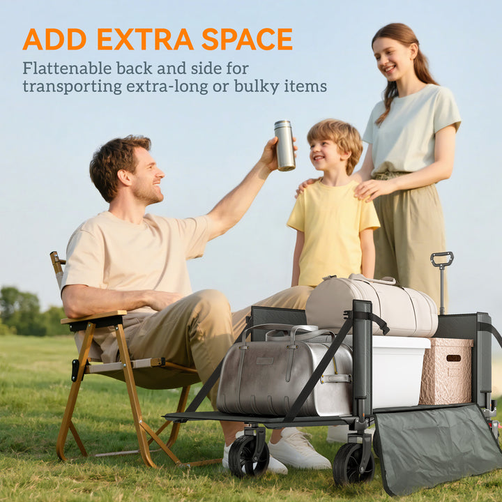 Festival Trolley on Wheels, 150L Folding Camping Trolley Cart with Openable Sides, Adjustable Handle and Brakes for Shopping Beach Garden Fishing, Grey