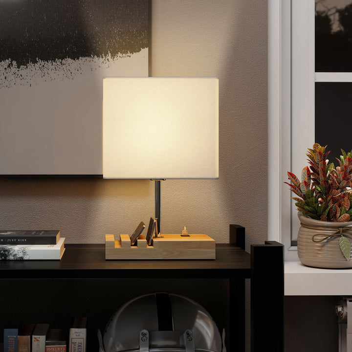 Bedside Lamp with USB A+C Charging Ports and 3 Phone Stands, Modern Table Lamp with Solid Wood Base and Fabric Shade for Bedroom Living Room Office, E27 Socket, Bulb Not Included