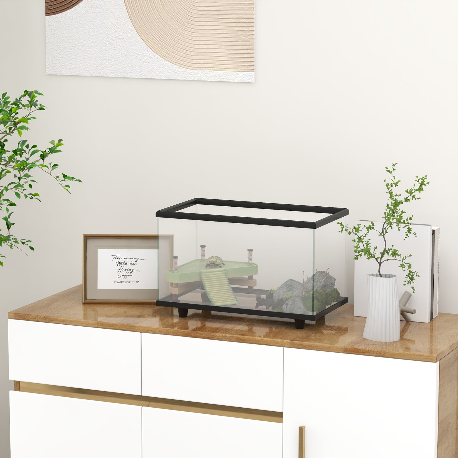 28L Glass Turtle Tank Aquarium with Basking Platform, Easy Drainage, Strip Patch Thermometer