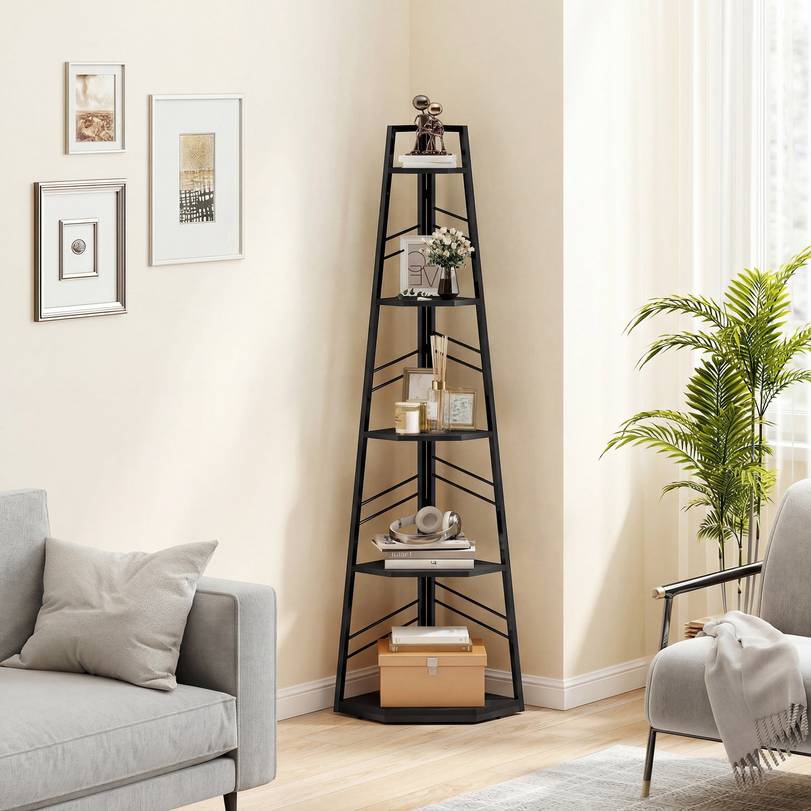 Corner Bookcase, 5-Tier Floor Standing Bookshelf, Shelving Unit for Li