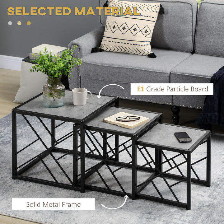 HOMCOM Set of 3 Nest of Tables, Square Side Tables with Black Metal Frame, for Living Room, Bedroom and Office, Grey