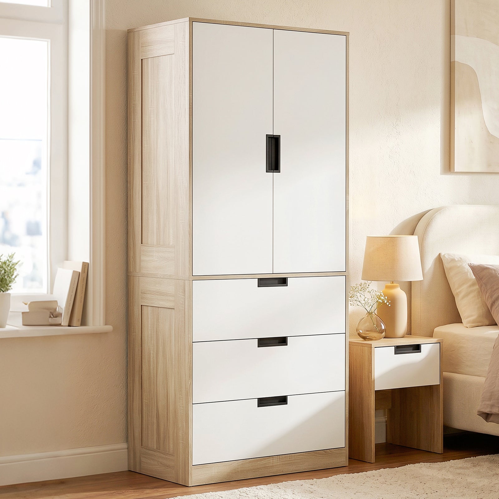 Modern Clothes Storage Cupboard Unit, 3 Drawer 2 Door Wardrobe with Ha