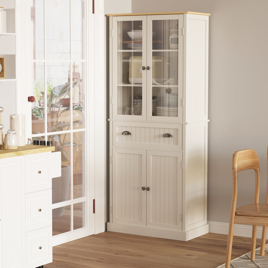 Freestanding Kitchen Cupboard, 5-tier Storage Cabinet with Adjustable Shelves and Drawer for Living Room, Dining Room, Cream White