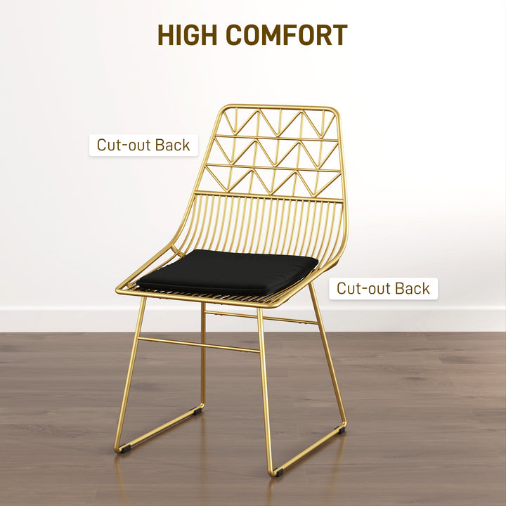 Luxurious Dining Chairs Set of 4, Metal Wire Kitchen Chair with Removable Velvet-feel Cushion, Cut-out Back and Steel Frame for Dining Room, Gold Tone