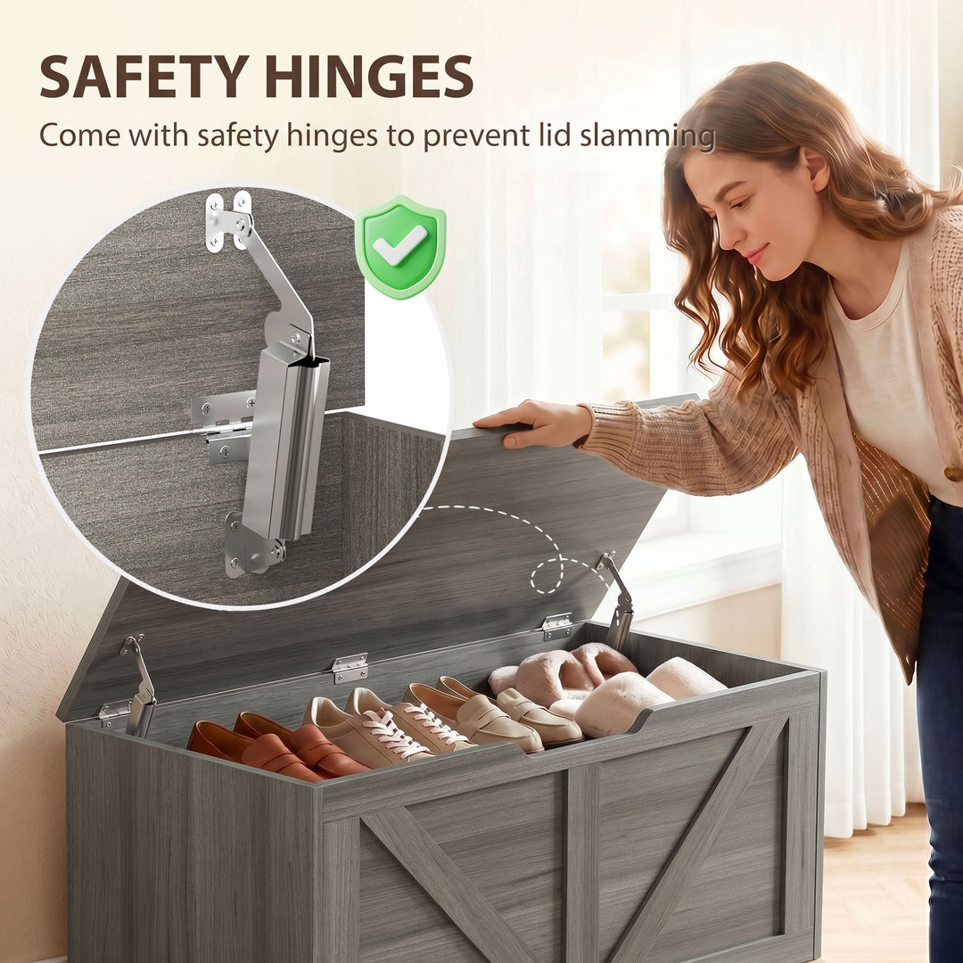 127L Home Storage Box, with Safety Hinges - Dark Grey Wood-Effect