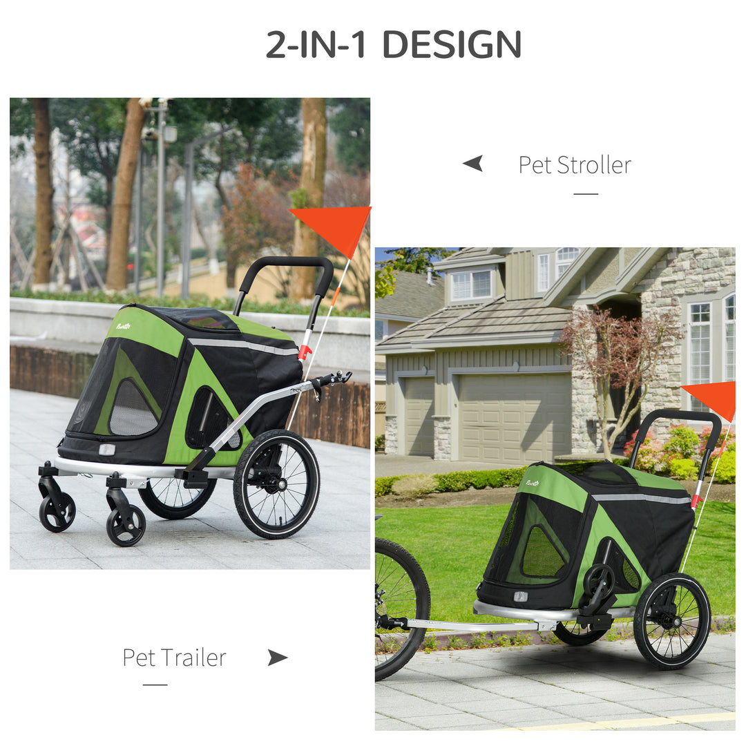 PawHut 2-in-1 Dog Bike Trailer & Pet Stroller, Aluminium, Foldable, for Medium Dogs, with Safety Flag, Green | Aosom UK