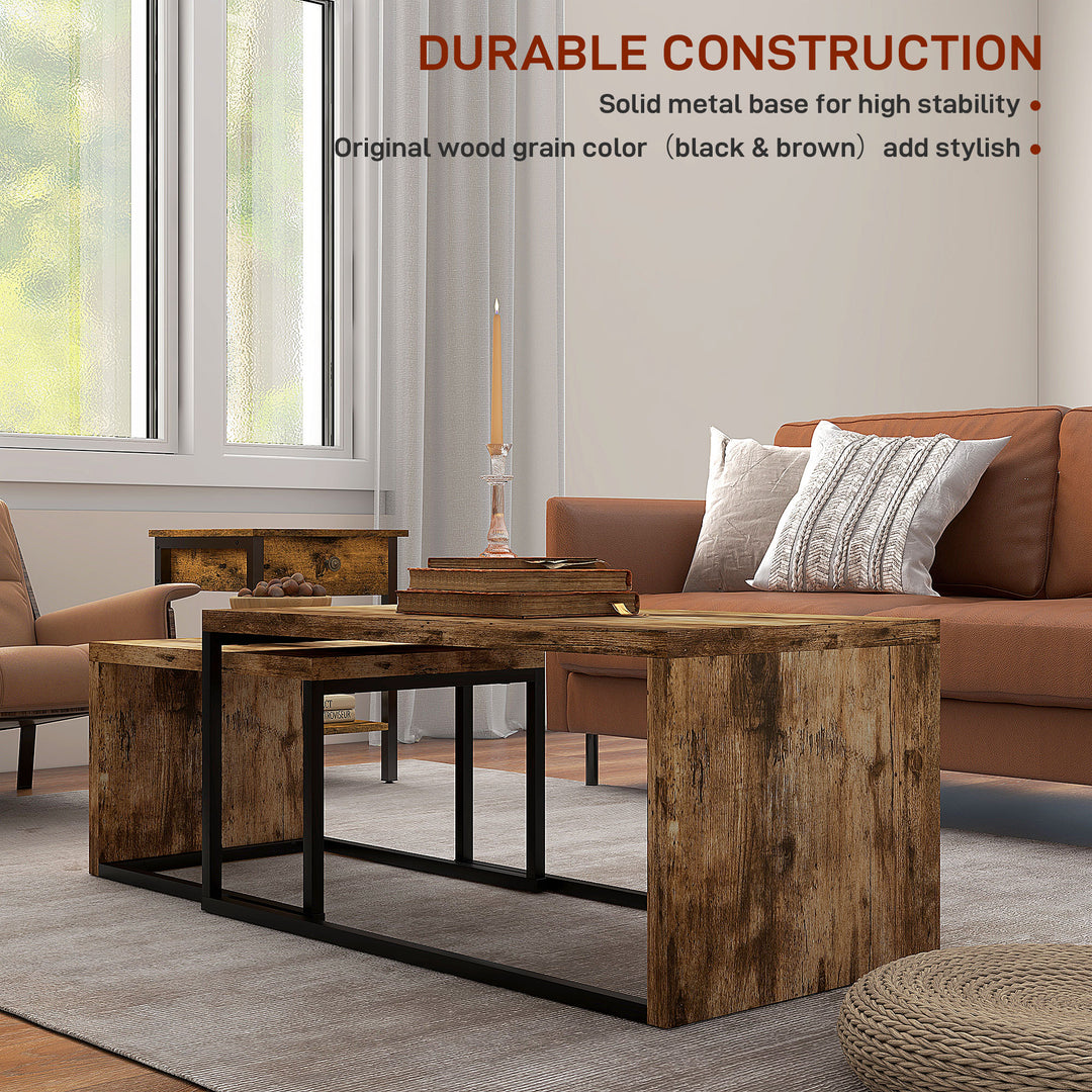 Coffee Tables Set of 2, Industrial Nest of Tables with Metal Frame for Living Room Bedroom, Rustic Brown