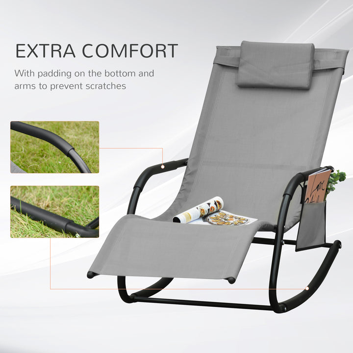 2PCs Outdoor Garden Rocking Chair, Patio Sun Lounger Rocker Chair with Breathable Mesh Fabric, Removable Headrest Pillow, Armrest, Side Storage Bag, Grey