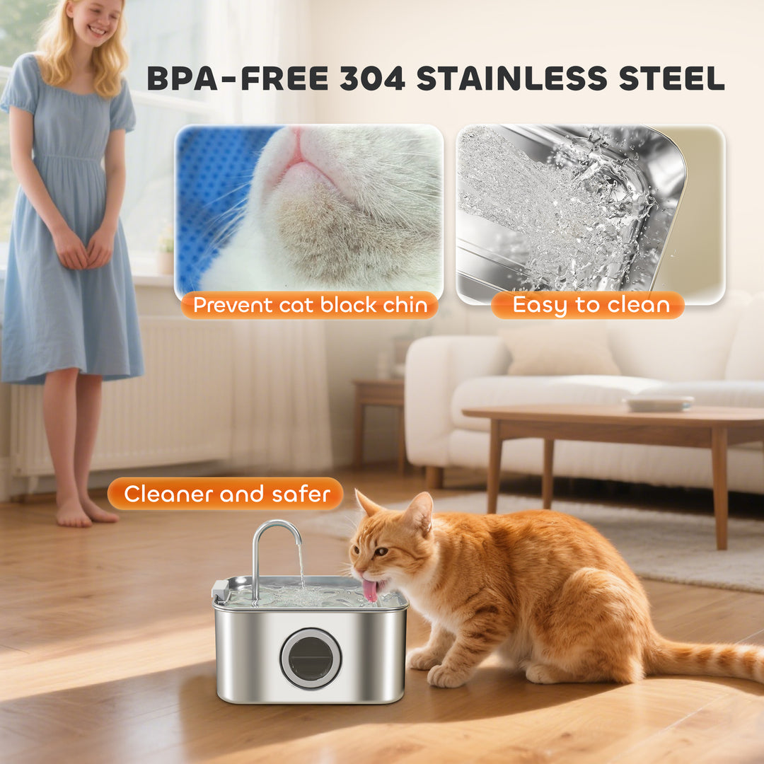 3.2L Cat Water Fountain for Drinking, Cat Fountain Stainless Steel with Visible Water-Level Window, Ultra-Silent Pump