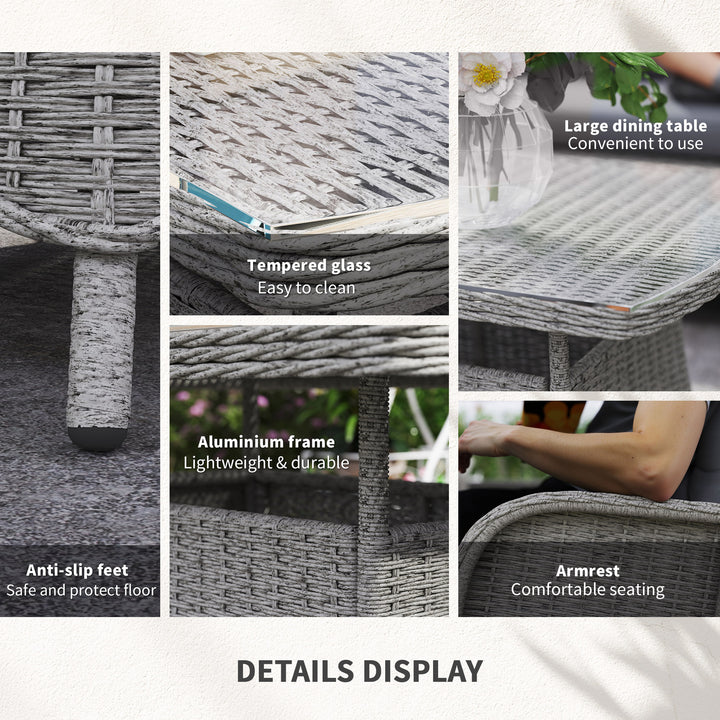 Garden PE Rattan Dining Sofa Set, Outdoor 4 Seater Wicker Furniture, High Back Chairs with Cushions, Tempered Glass Coffee Table for Patio, Light Grey