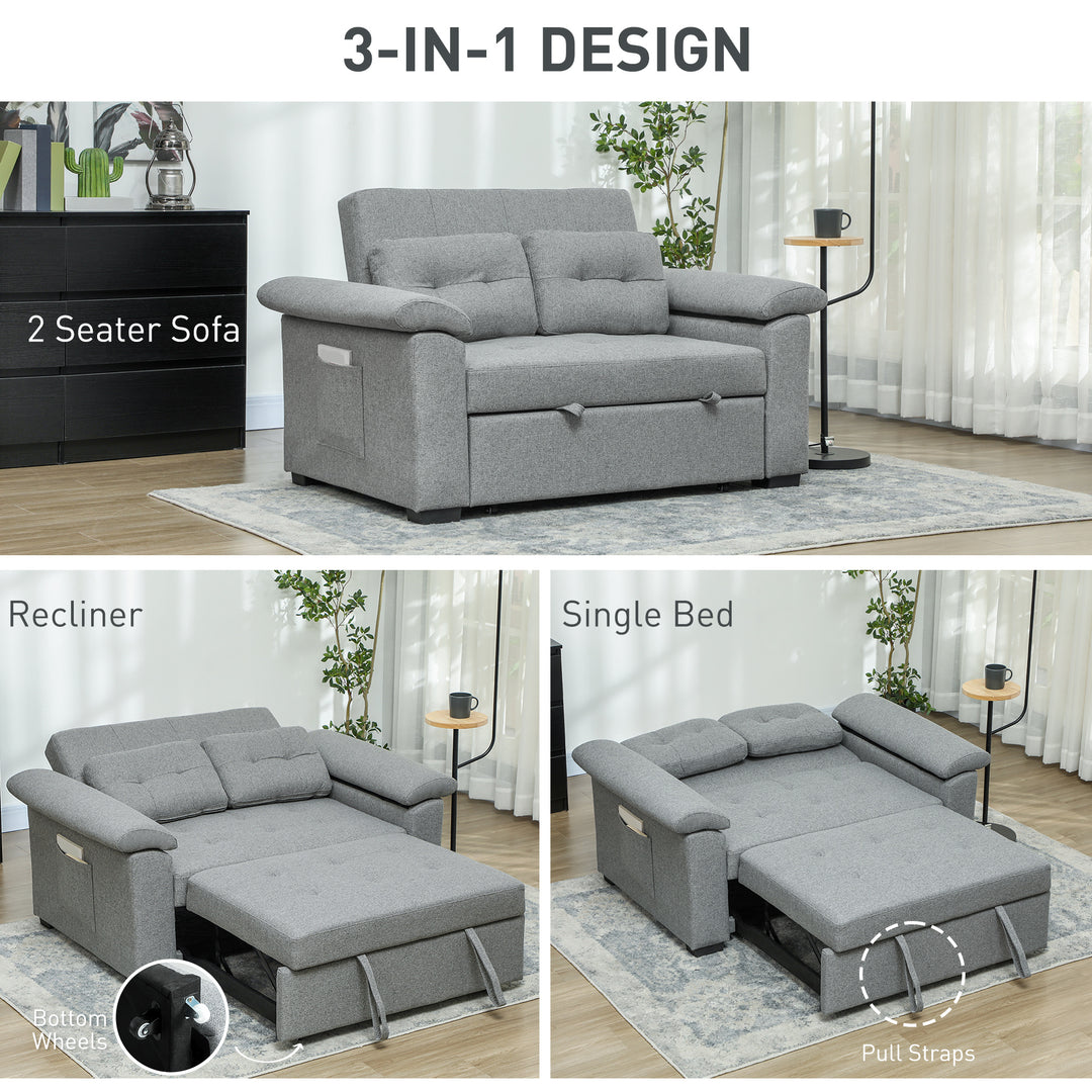 Pull Out Sofa Bed, Fabric 2 Seater Click Clack Sofa Bed Settee with 2 Pocket Springs, Convertible Sofa Couch with Pillows and Side Pockets for Living Room, Home Office, Light Grey