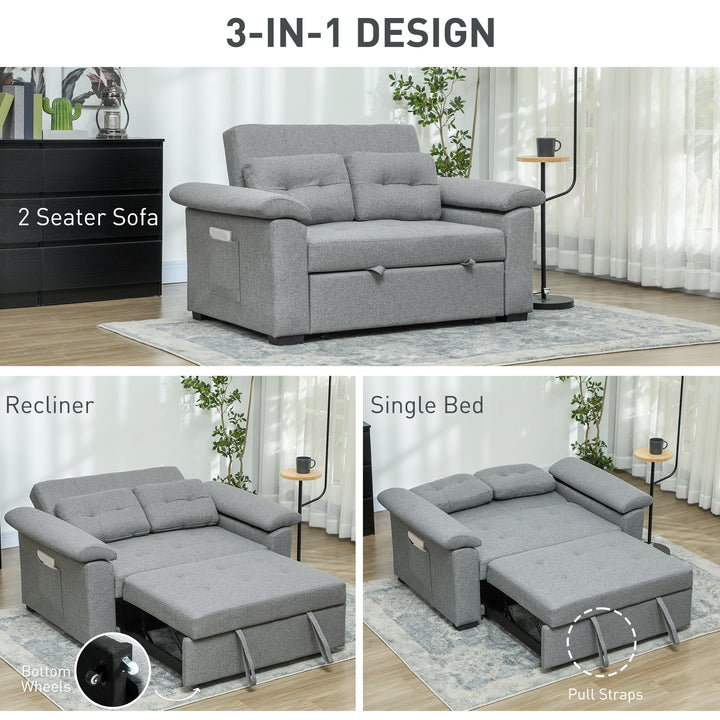Pull Out Sofa Bed, Fabric 2 Seater Click Clack Sofa Bed Settee with 2 Pocket Springs, Convertible Sofa Couch with Pillows and Side Pockets for Living Room, Home Office, Light Grey