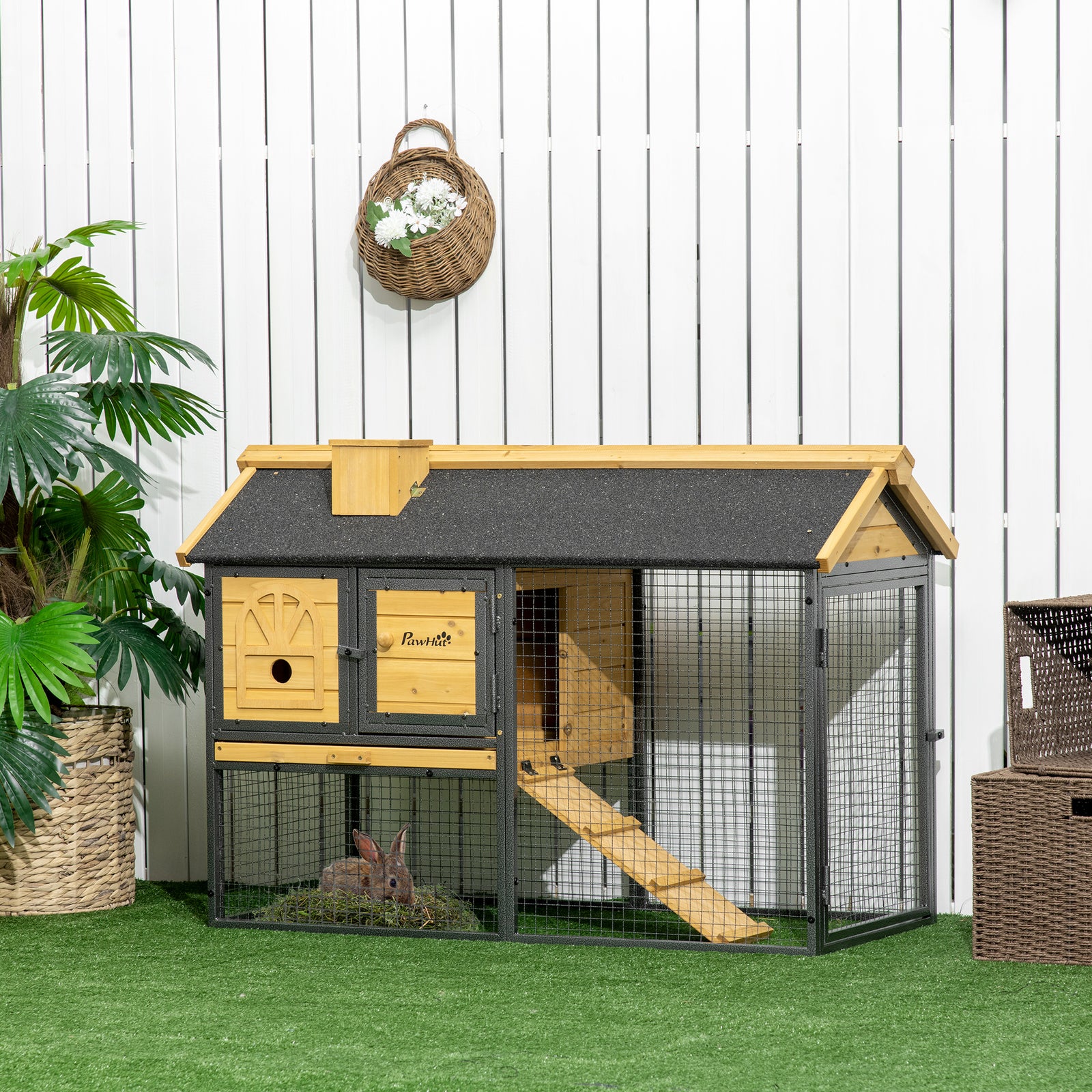 Outdoor Rabbit Hutch, with Run, Removable Tray, Asphalt Roof, 120 x 55.5 x 80cm