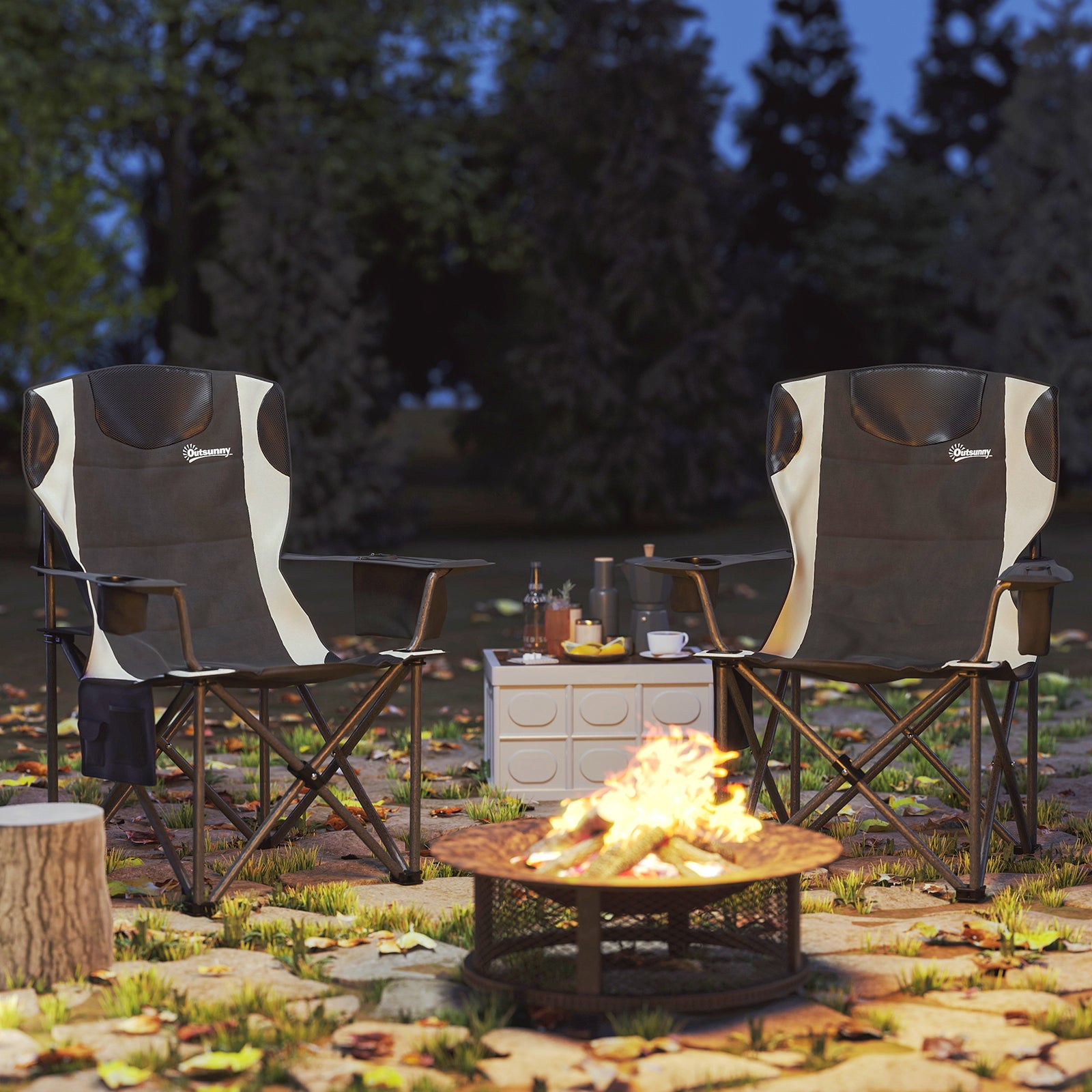 Set of 2 Folding Camping Chairs, Padded Camping Chairs with Adjustable Armrests, Portable & Lightweight Folding Camp Chair with Cooler Bag, Cup Holder and Side Pockets, Black