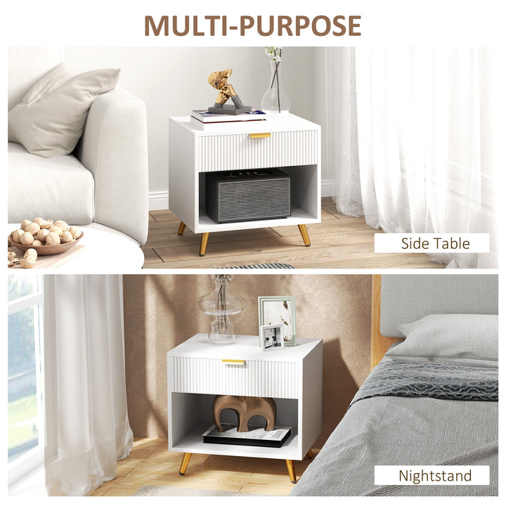 Elegant Bedside Table, with Drawer and Shelf - White/Gold Tone