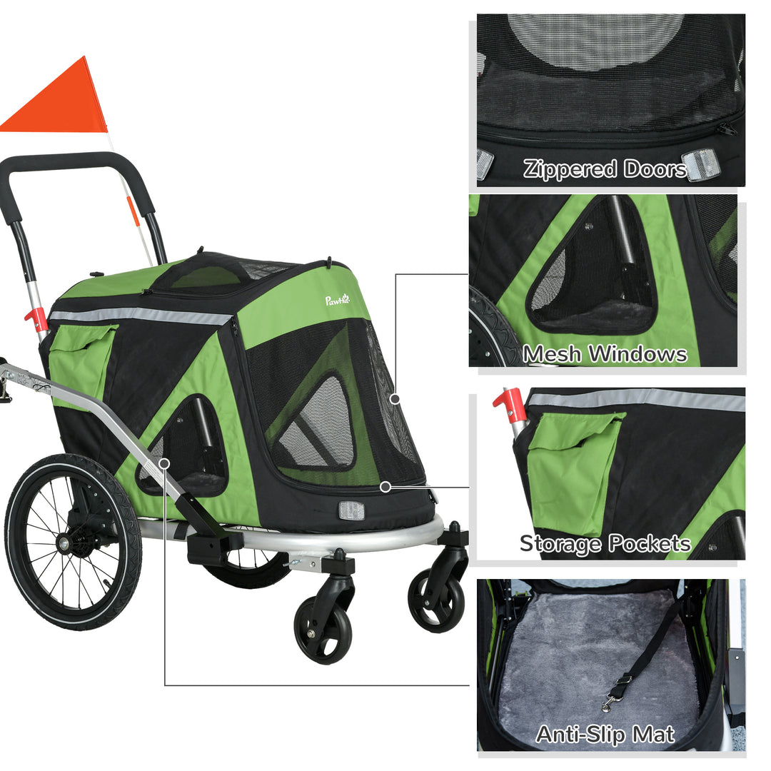 PawHut 2-in-1 Dog Bike Trailer & Pet Stroller, Aluminium, Foldable, for Medium Dogs, with Safety Flag, Green | Aosom UK