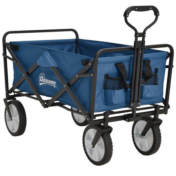 Outsunny Folding Wagon Cart, Pull Along Trolley for Beach and Garden Use, with Telescopic Handle, Blue | Aosom UK