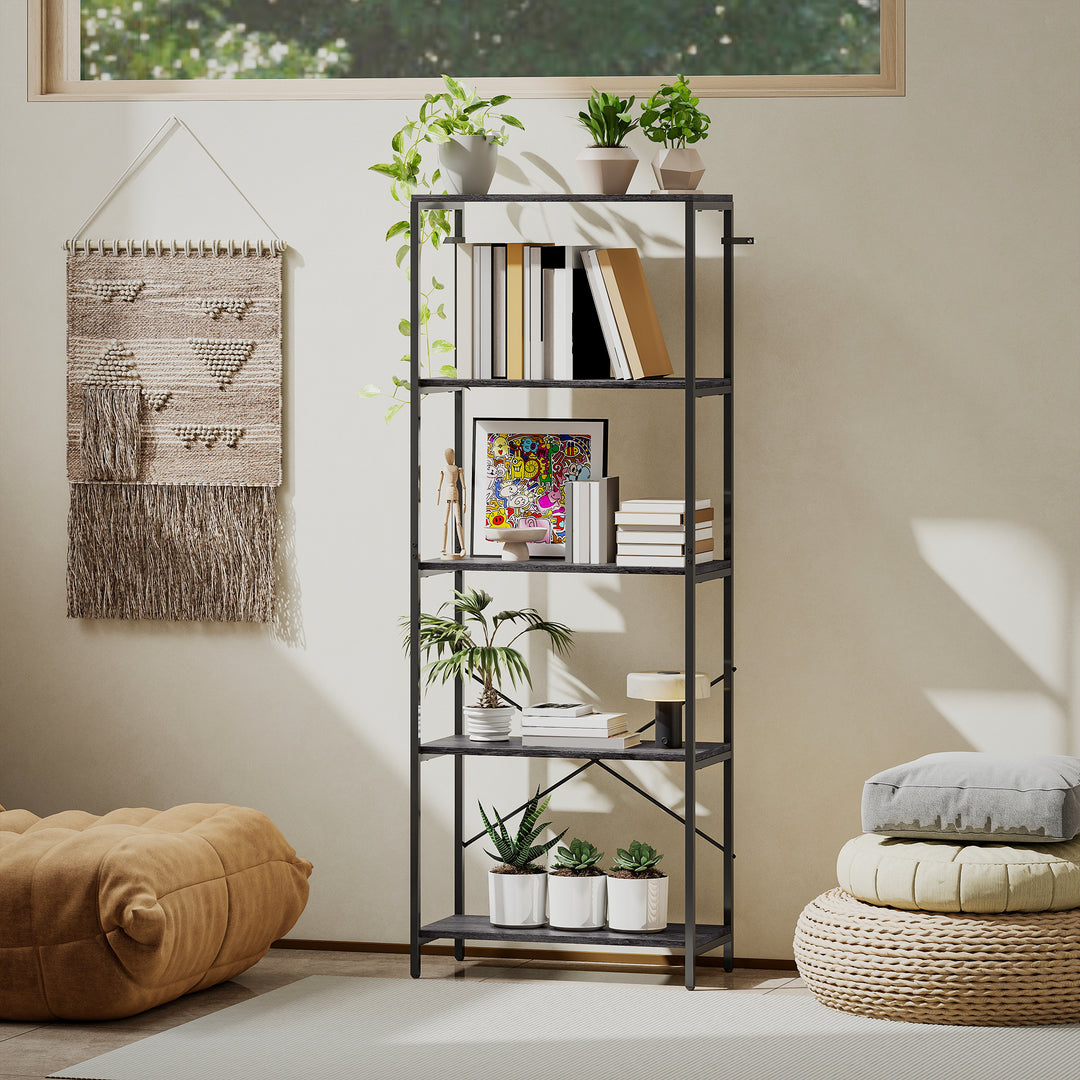 5-Tier Bookshelf, Industrial Bookcase with Metal Frame - Dark Grey and