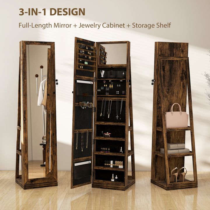 360° Swivel Jewellery Cabinet, Free Standing Full Length Mirror with Storage, Lockable Jewellery Organiser with Built-in Makeup Mirror and Storage Shelves for Bedroom, Rustic Brown