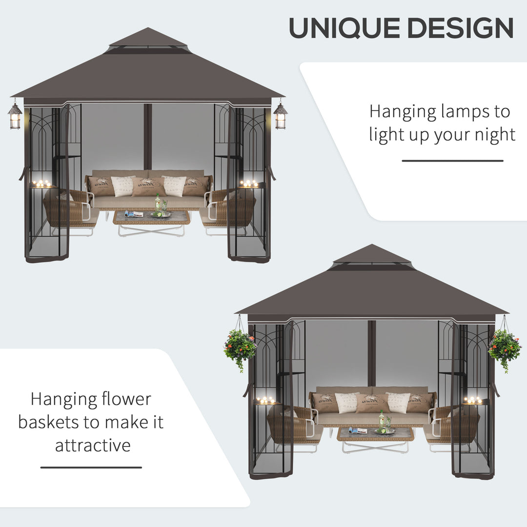 Outsunny Gazebo Garden Outdoor Canopy Double Tier Roof with Removable Mesh Curtains Display Shelves Top Hooks