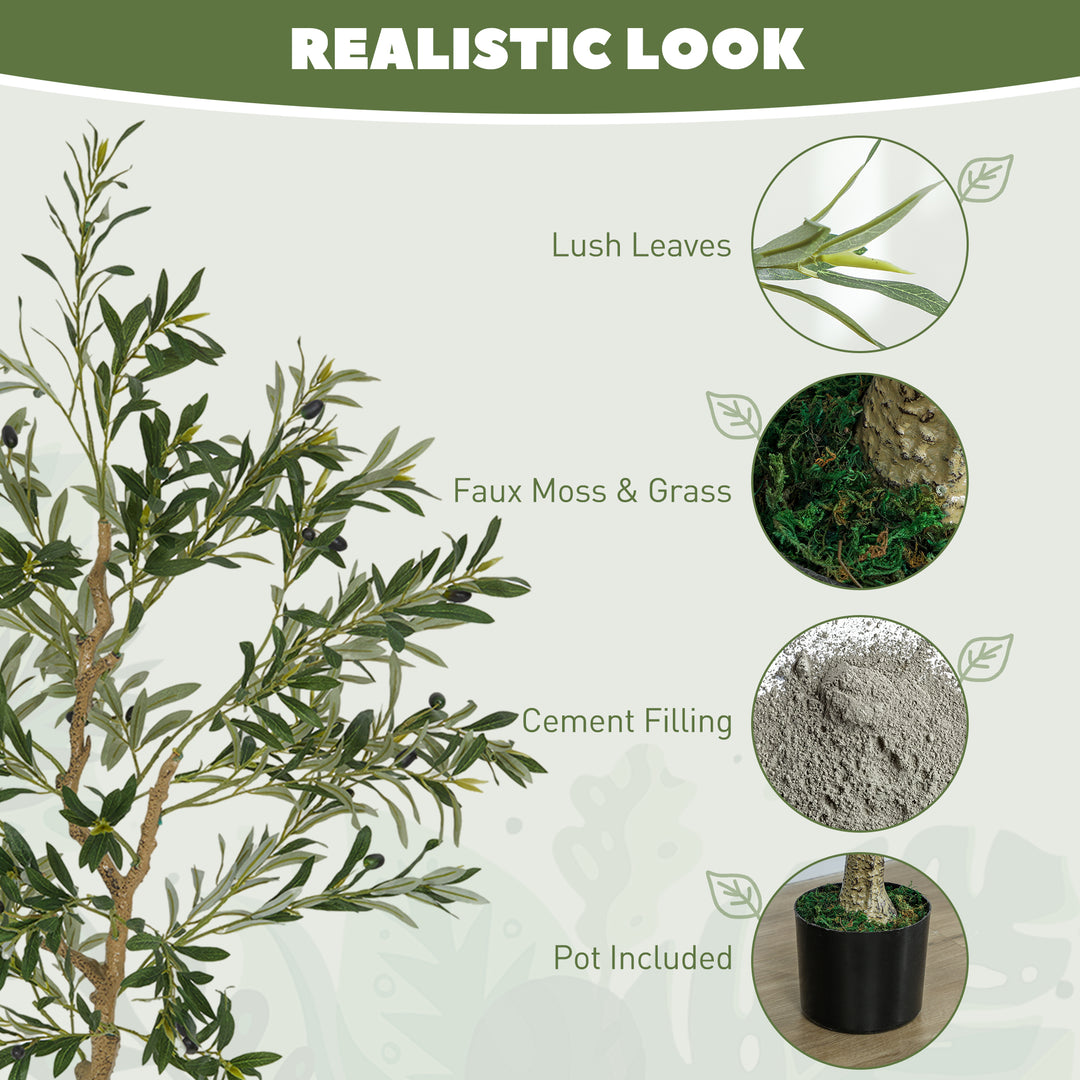 5ft/ 150cm Decorative Artificial Plant, Silk Olive Tree with 720 Leaves and 32 Olive Fruits in Pot, Fake Plant for Home, Office, Living Room, Indoor Decor