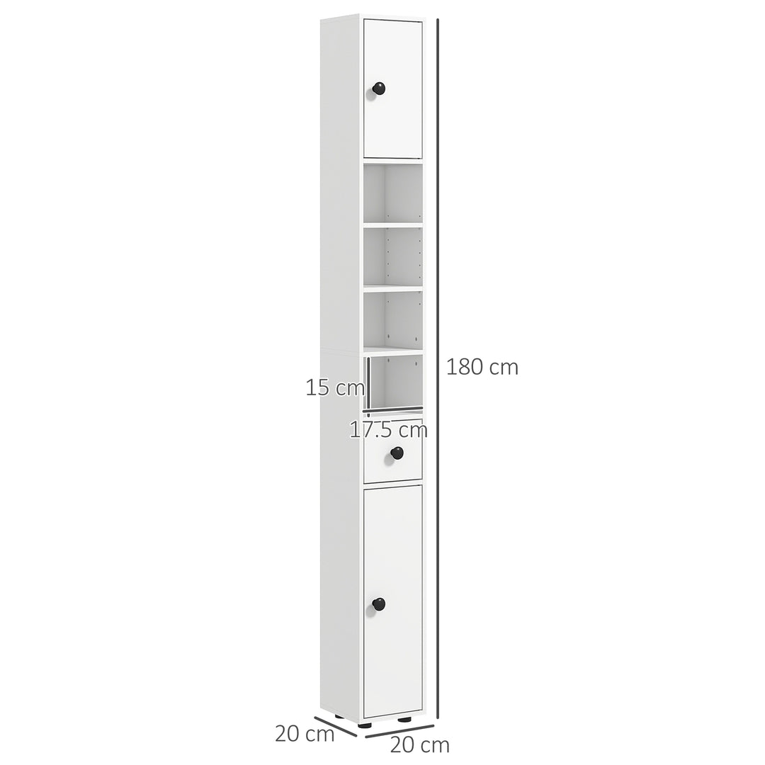 Kleankin 180cm Tall Slim Bathroom Cabinet, Narrow Toilet Roll Storage w/ Open Shelves, 2 Door Cabinets, Adjustable Shelves, for Kitchen, White