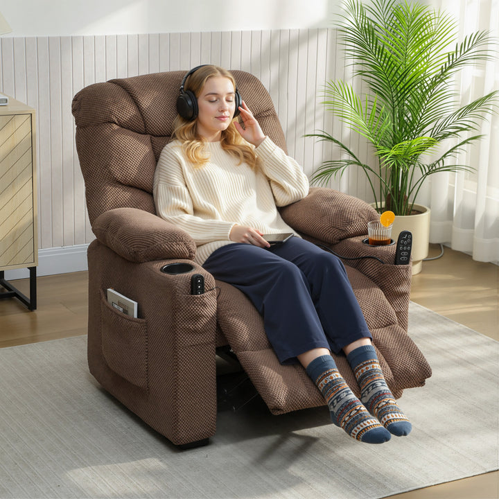 Electric Massage Recliner Armchair with Vibration, Heat, Whisper-Quiet Motor, Memory Function, Fleece Power Reclining Chair with Spring Pack, USB Port, Footrest, Side Pocket, Cup Holders