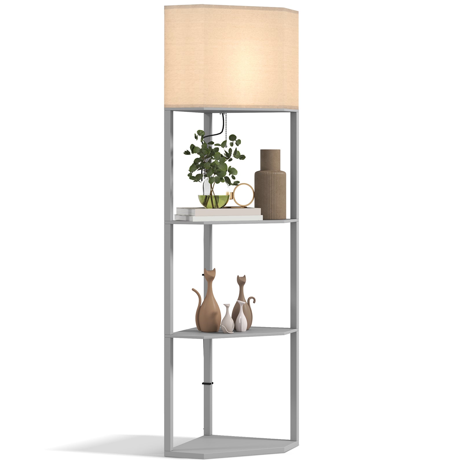 Corner Floor Lamp with Shelves, Tall Standing Lamps for Living Room, with Pull Chain Switch Bulb not Included, Grey