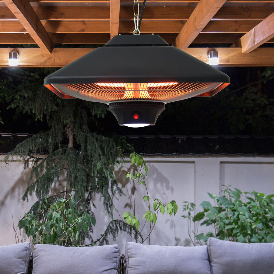 Hanging Electric Patio Heater with 2 Power Settings, 1000/2000W Waterproof Ceiling Mounted Aluminium Halogen Infrared Outdoor Heater Warmer with LED Light and Remote Control, Black