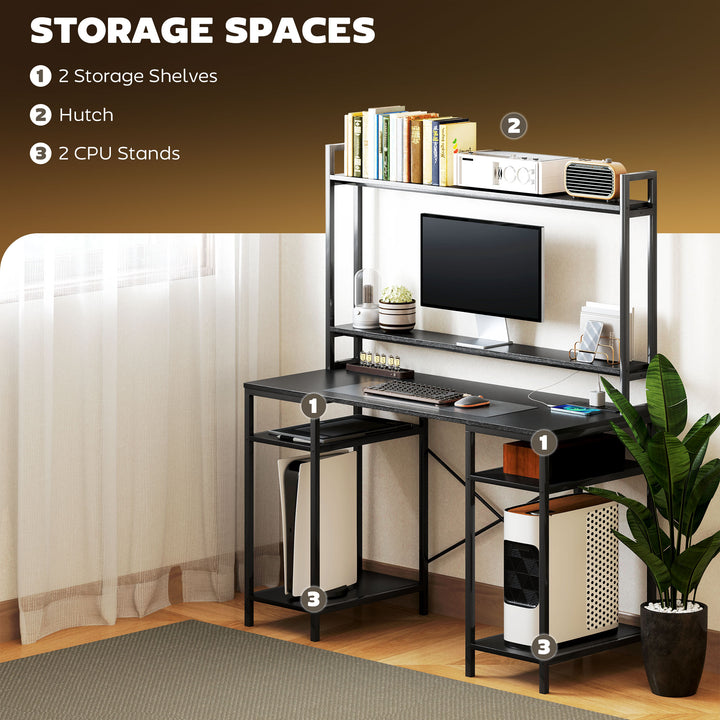 Computer Desk with Power Outlets and LED Lights, Home Office Desk with Monitor Stand, 2 CPU Stands and Storage Shelves, Study Table Gaming Desk with Hutch, Black