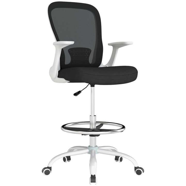 Draughtsman Chair, Mesh Drafting Chair, Ergonomic Office Chair with Flip-up Armrest, Adjustable Foot Ring, Black White
