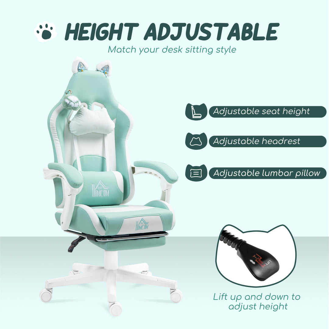 Cat Ear and Paw Reclining Office Chair, with Footrest - Light Blue/White