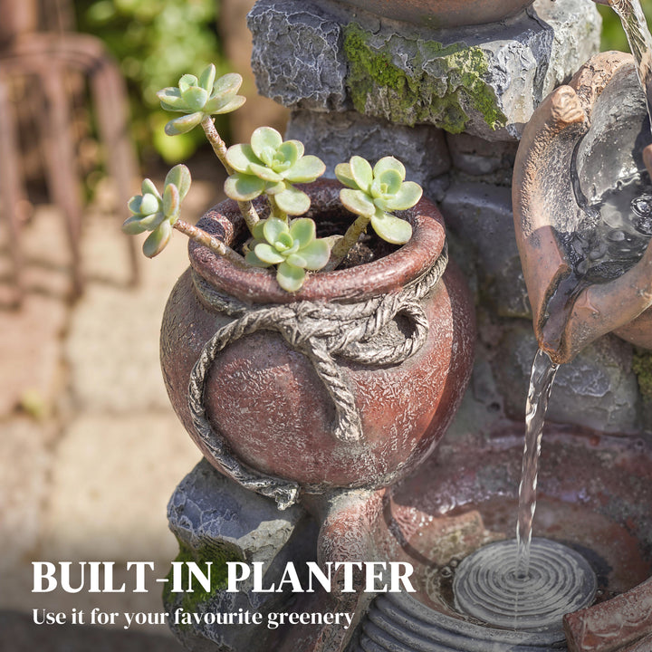 Outdoor Fountain with 4-Tier Rustic Pots &amp; Planter, Garden Fountain wi