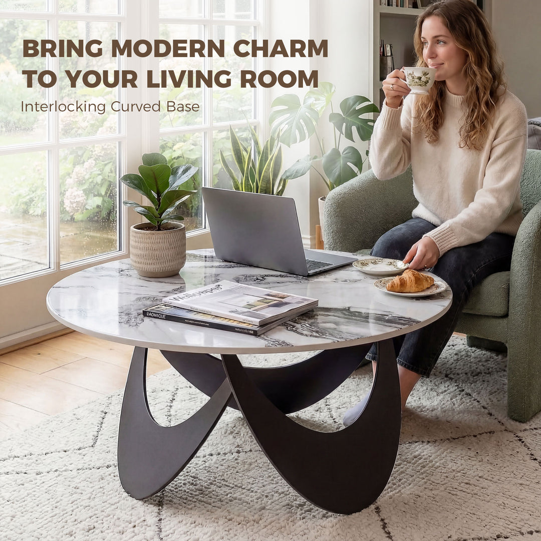 Coffee Table Sintered Stone Top Adjustable Foot Pads Modern Centre Tab