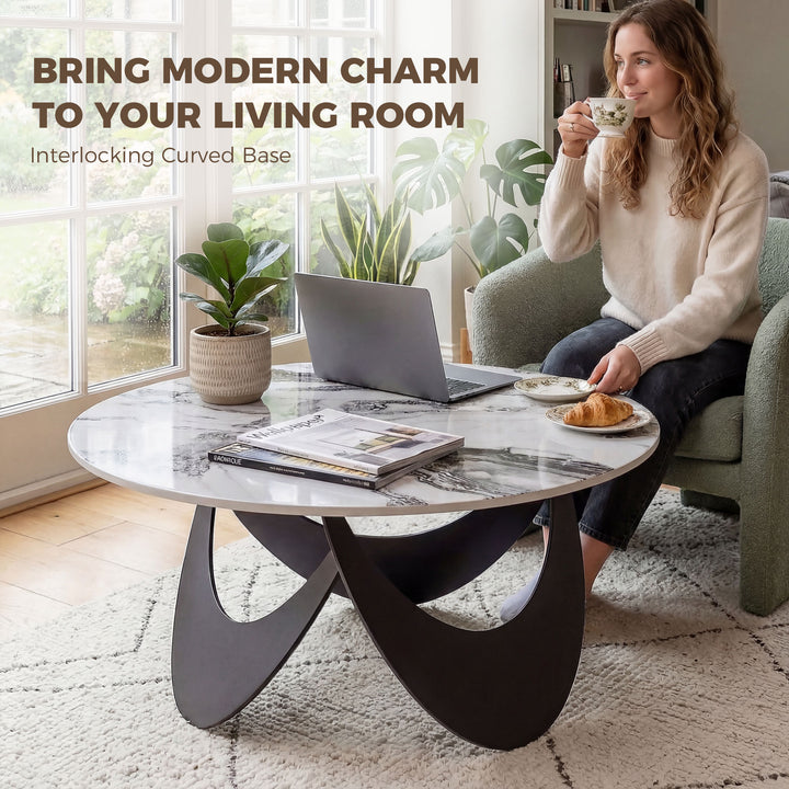 Coffee Table Sintered Stone Top Adjustable Foot Pads Modern Centre Tab