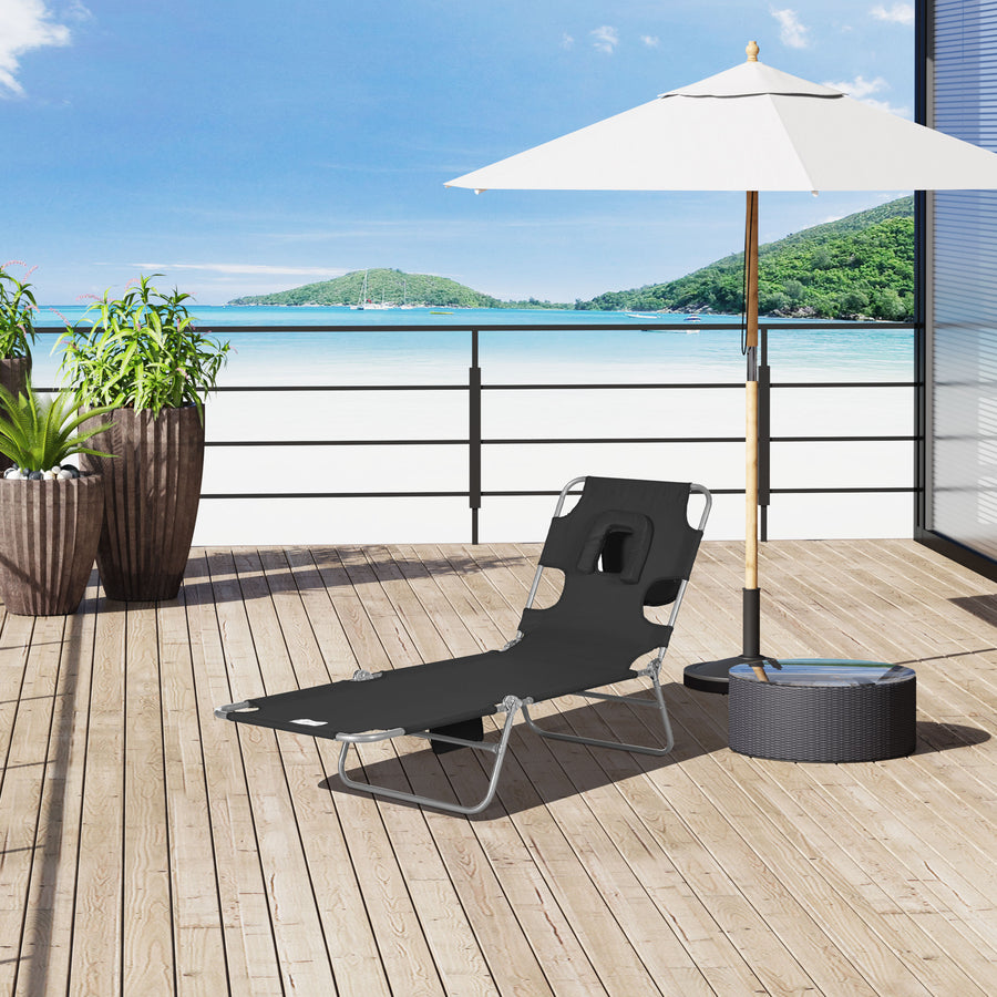 Foldable Sun Lounger, Beach Chaise Lounge with Reading Hole, Arm Slots, 5-Position Adjustable Backrest, Side Pocket, Pillow for Garden, Beach, Pool, Black