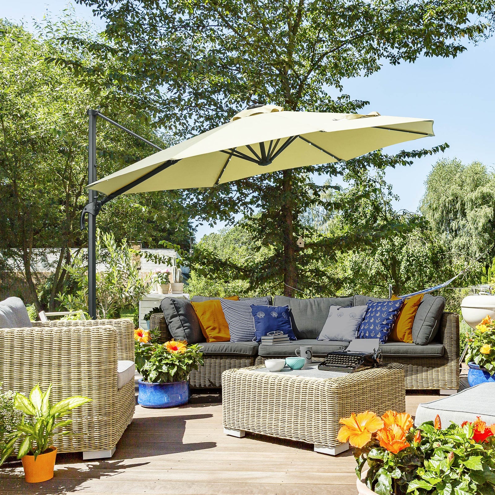 3(m) LED Cantilever Parasol Garden Sun Umbrella w/ Base and Solar Lights Beige