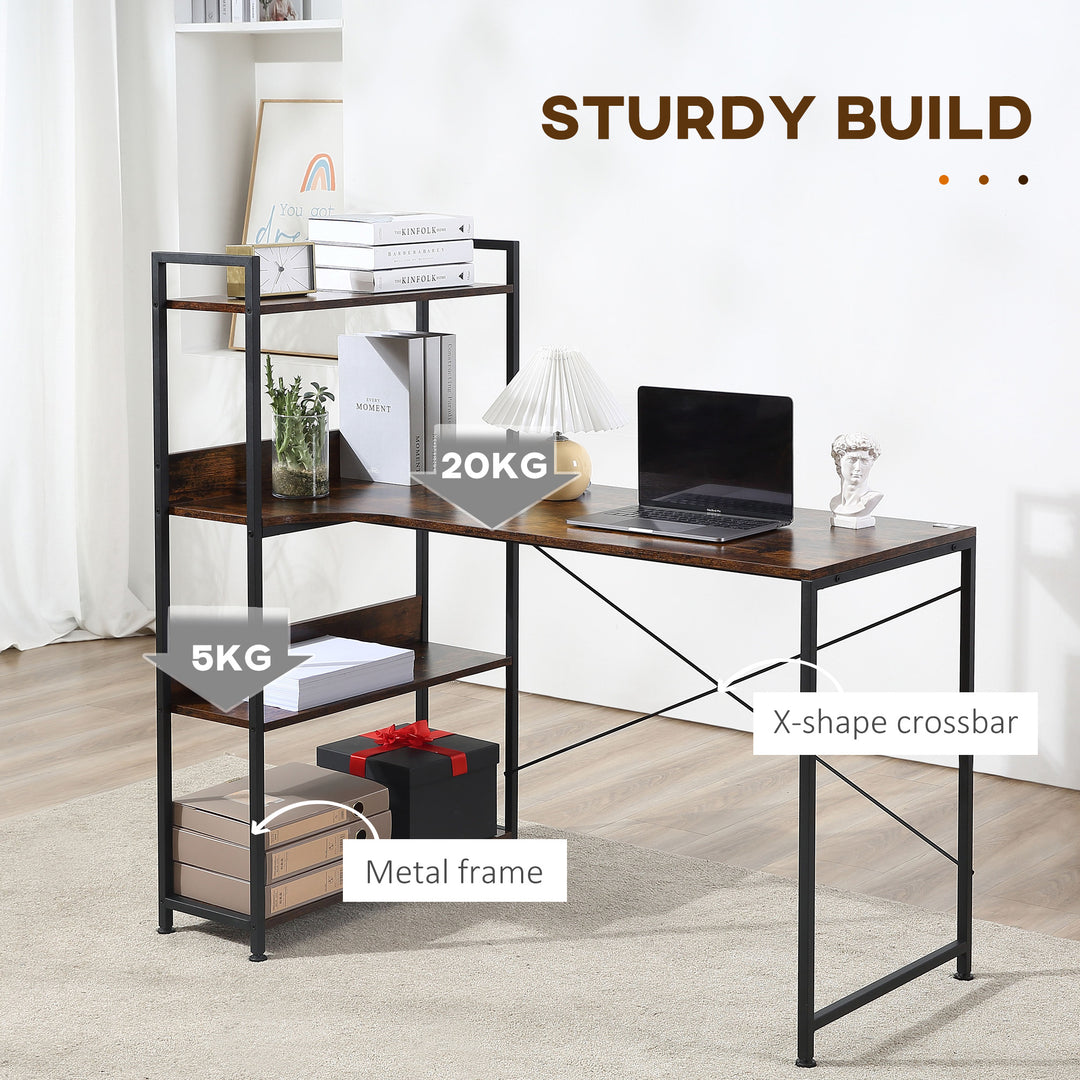 Office Desk with Storage Shelves, 120 CM Computer Desk, Industrial Study Table with Metal Frame for Home Office Small Space, Rustic Brown