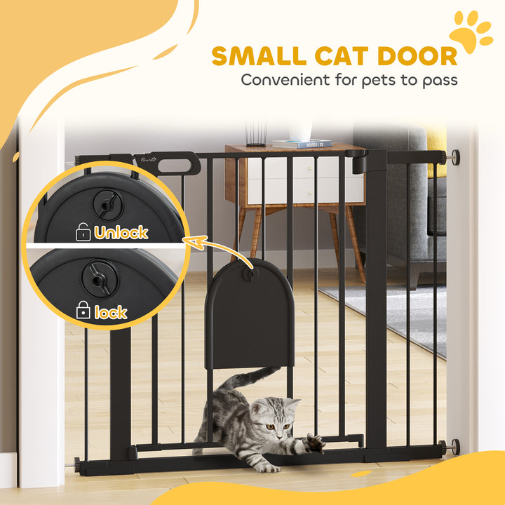 MCL Dog Gate with Cat Flap Pet Safety Gate Barrier, Stair Pressure Fit, Auto Close, Double Locking, for Doorways, Hallways, 75-103 cm Black