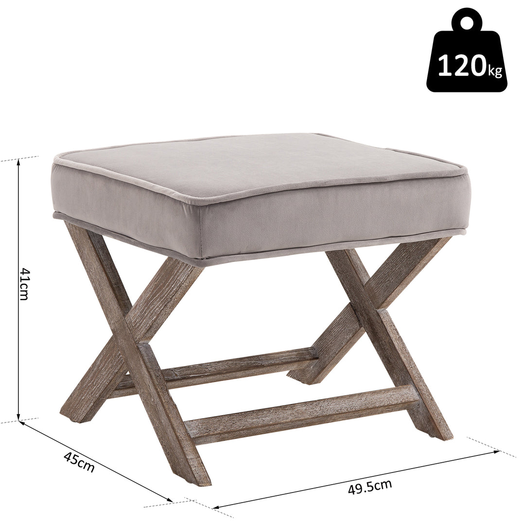 HOMCOM Padded Footstool with Velvet Cover and X Leg Chair, Shabby Chic Footrest, Solid Rubber Wood, 49.5 x 45 x 41 cm, Grey