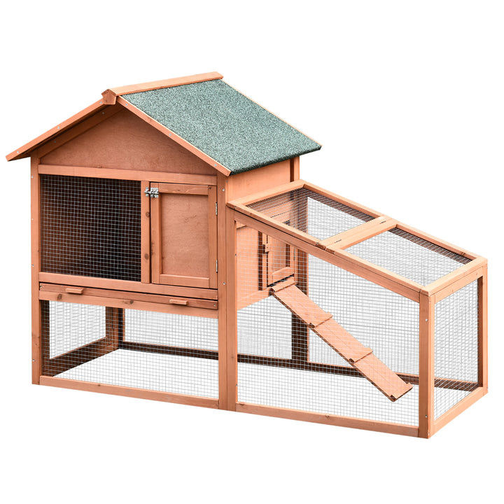 PawHut 2 Tier Rabbit Cage, Solid Wood Bunny House, Water Resistant Asphalt Roof Ramp Sliding tray 144 x 64.5 x 100 cm Red/Brown | Aosom UK