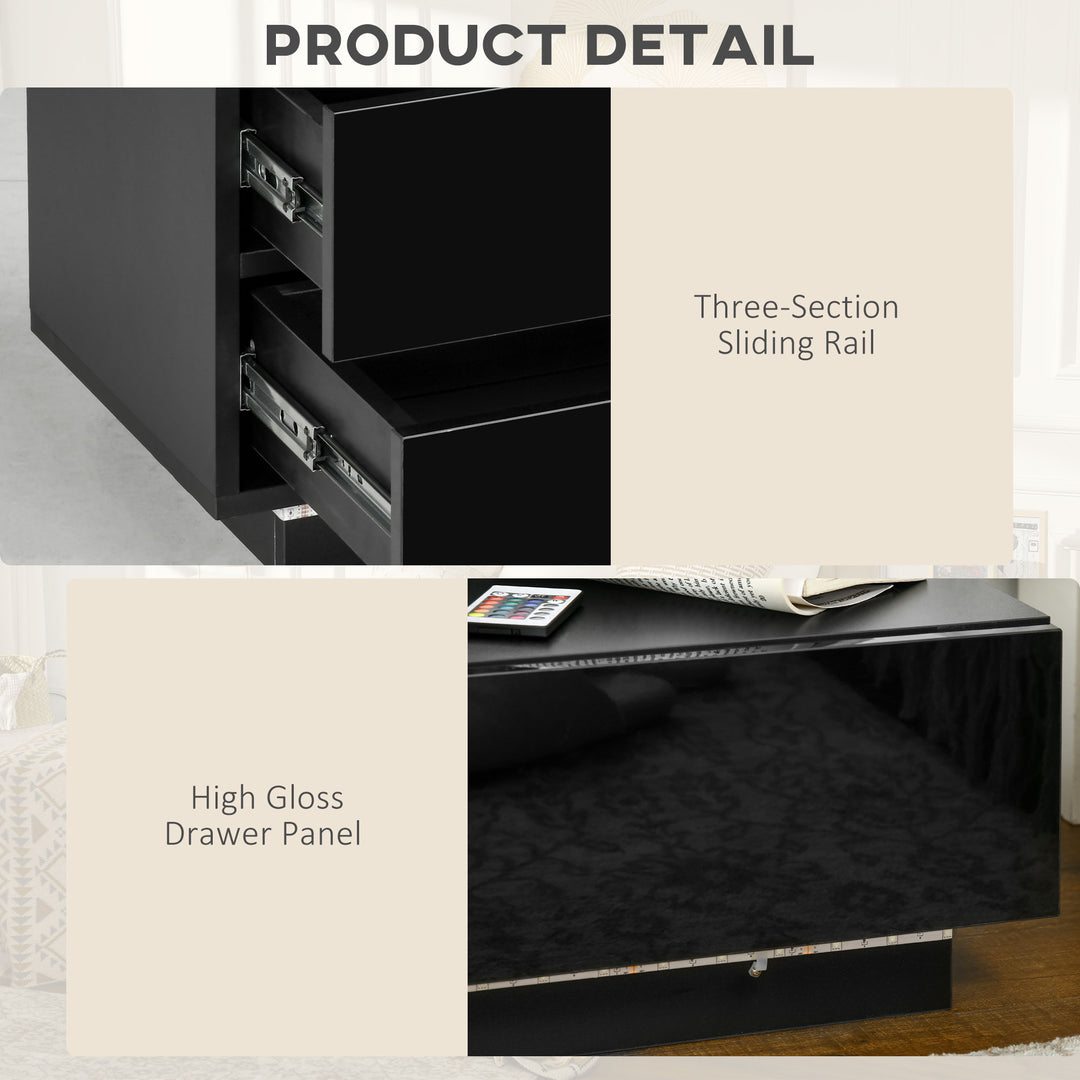 High Gloss Front Bedside Table with Drawers Nightstand with RGB LED Li