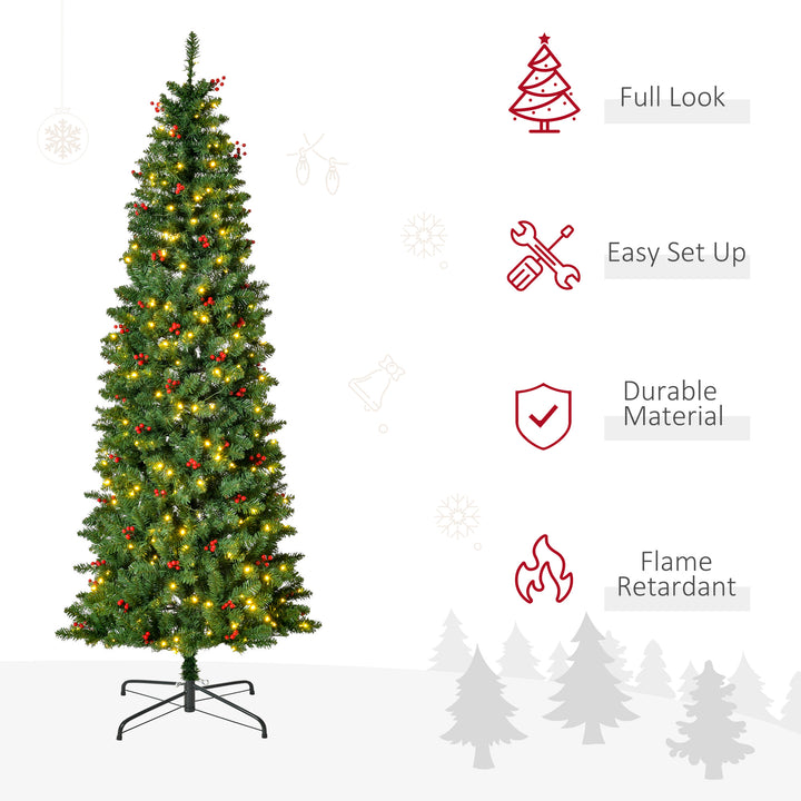 HOMCOM 7FT Prelit Artificial Pencil Christmas Tree with Warm White LED Light, Red Berry, Holiday Home Xmas Decoration, Green | Aosom UK