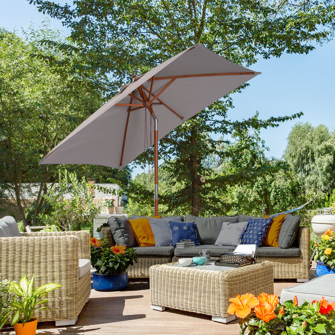 Outsunny 2m x 1.5m Garden Parasol Umbrella with Tilting Sunshade Canopy, Outdoor Market Table Umbrella with Wood and Bamboo Frame, Grey