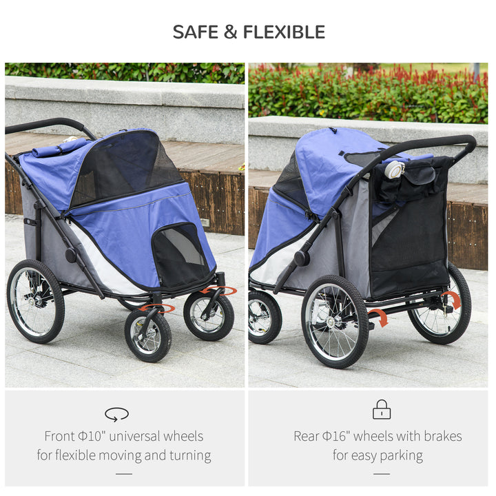 Foldable Pet Stroller, with Washable Cushion, Storage Bags, Safety Leash, for Medium, Large Dogs, Cats - Blue