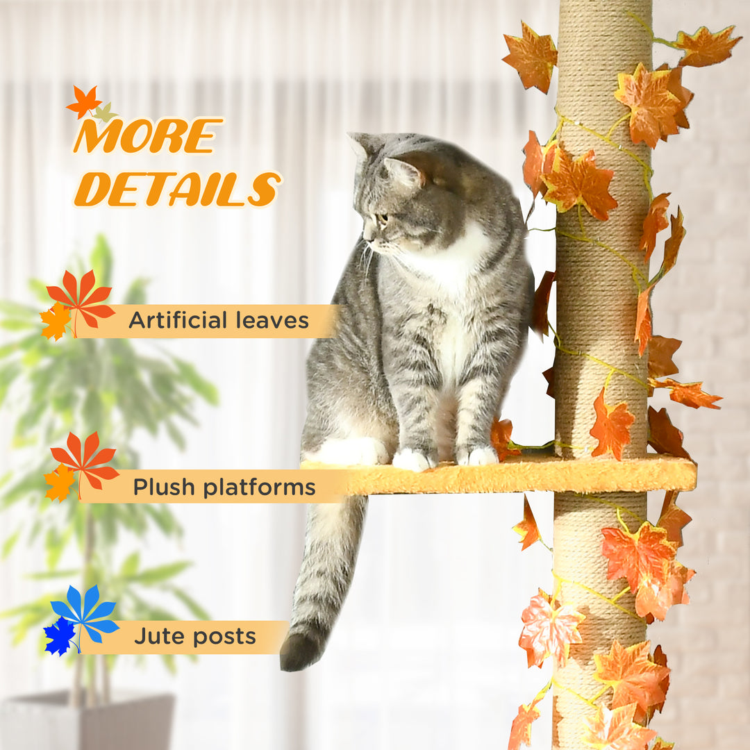 242cm Adjustable Floor-To-Ceiling Cat Tree, with Artificial Decoration, Perches, Anti-Slip Kit - Orange