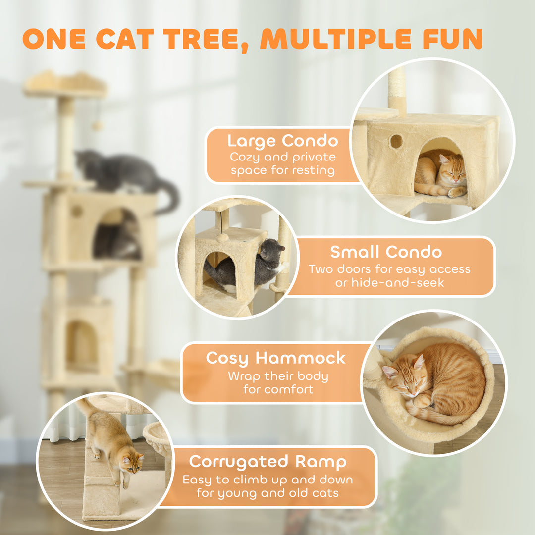MCL 180cm Large Cat Tree Tower with Sisal Scratching Posts, Condos, Plush Perches, Hammock, Ladder, Beige