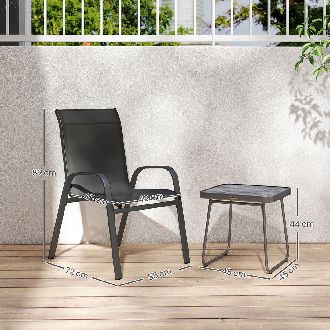 3 Pieces Outdoor Bistro Set, Patio Stackable Armchairs with Breathable Mesh Fabric and SPC Board Coffee Table, Black