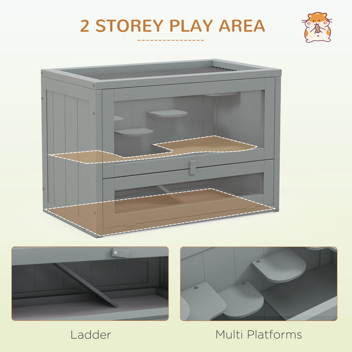 Wooden Hamster Cage Mouse Mice Rodent Small Animals Hutch Exercise Play House 60 x 35 x 42cm, Grey