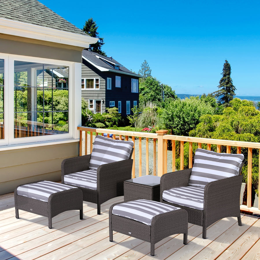 5 Pieces PE Rattan Garden Furniture Set with 10cm Thick Padded Cushions, Wicker Weave Outdoor Seating Chairs with 2 Armchairs, 2 Stools, Glass Top Table, Dark Grey